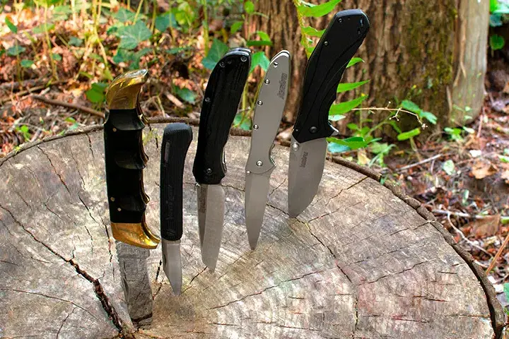 5 Kershaw knives stuck in a tree stump