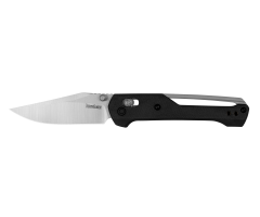 Kershaw Airspace knife shown open, satin-finished 14C28N clip point blade with black polymer handle.