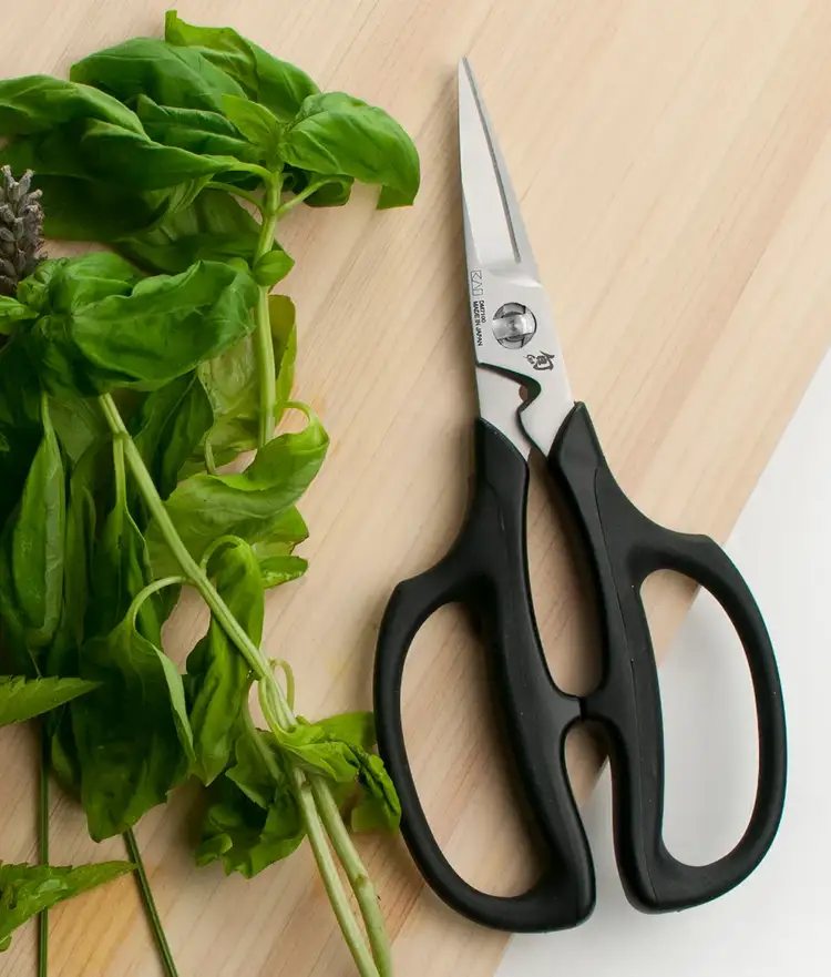 Herb shears on hinoki cutting board with herbs