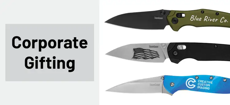 Corporate Gifting text on left with three engraved Kershaw knives on right